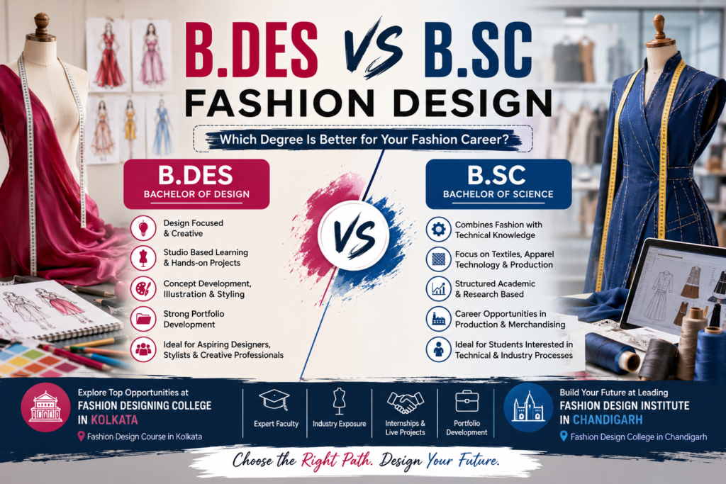 Students comparing B.Des and B.Sc fashion design degrees through creative sketching and textile manufacturing