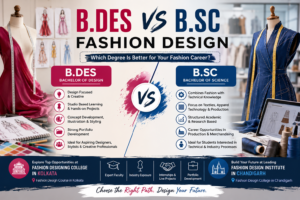 Students comparing B.Des and B.Sc fashion design degrees through creative sketching and textile manufacturing